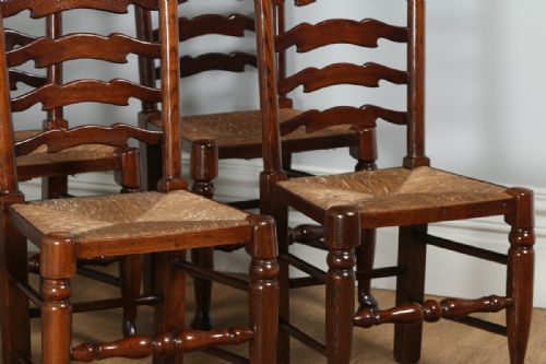 fig 4. Set of 6 Ash & Elm Ladder Back Country Kitchen Farmhouse Dining Chairs (Circa 1920)