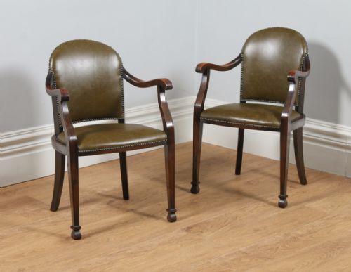 Pair of Beech & Green Leather Office Desk / Elbow / Library Armchairs / Chairs (Circa 1910 - 1920)