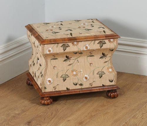 William IV Burr Walnut Silk Embroidered Concave Ottoman / Stool / Bedding Box (Circa 1835)