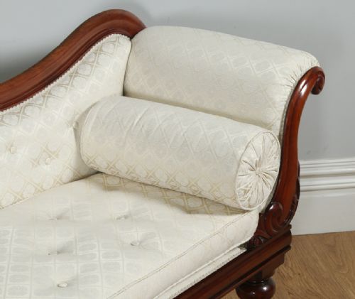 fig 2. Antique Victorian Mahogany Upholstered Cream & Pale Gold Chaise Longue Settee Couch Sofa (Circa 1860)