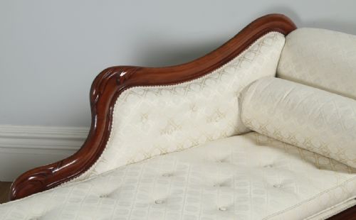 fig 3. Antique Victorian Mahogany Upholstered Cream & Pale Gold Chaise Longue Settee Couch Sofa (Circa 1860)