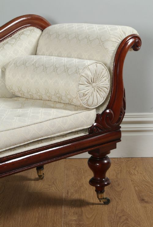 fig 4. Antique Victorian Mahogany Upholstered Cream & Pale Gold Chaise Longue Settee Couch Sofa (Circa 1860)