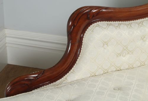 fig 7. Antique Victorian Mahogany Upholstered Cream & Pale Gold Chaise Longue Settee Couch Sofa (Circa 1860)