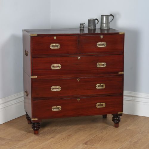 Antique Victorian Colonial Anglo Indian Mahogany & Brass Military Officer’s Campaign Chest of Drawers (Circa 1880)