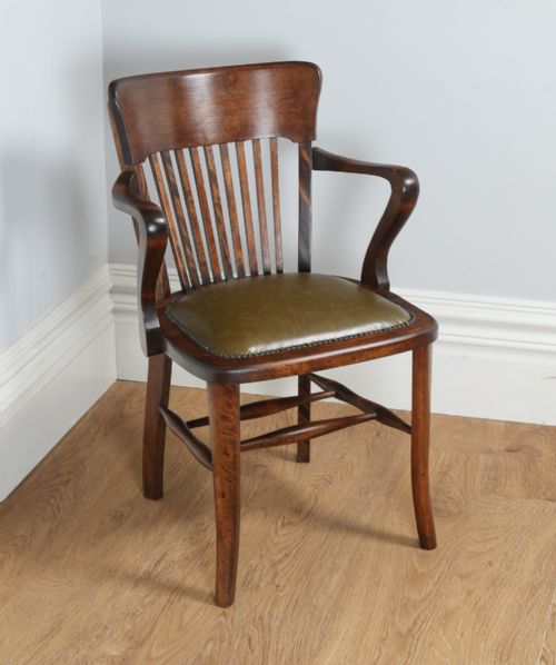 Edwardian Beech & Green Leather Office Desk /Elbow / Library Armchair / Chair (Circa 1910)