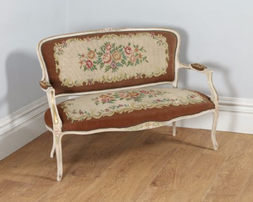French Louis XV Style Painted Gilt Shabby Chic Carved Upholstered Tapestry Sofa Couch Settee (Circa 1910)