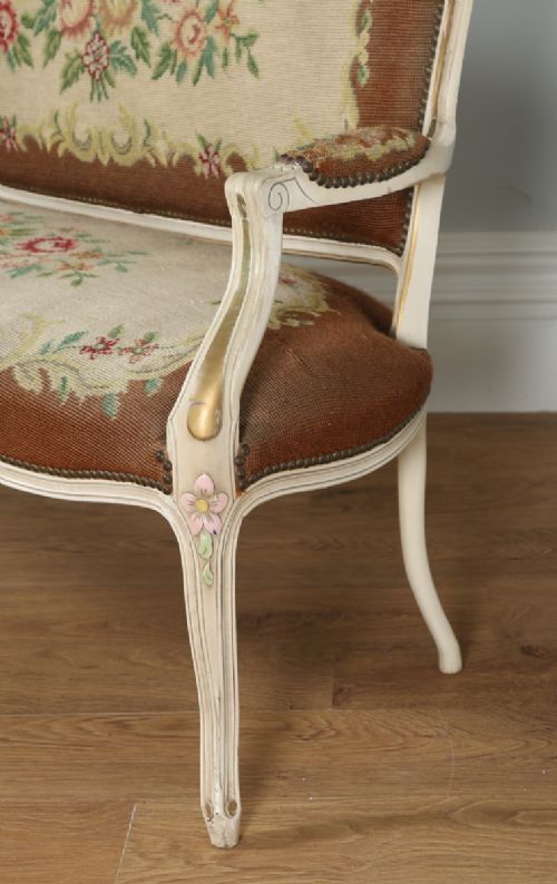 fig 3. French Louis XV Style Painted Gilt Shabby Chic Carved Upholstered Tapestry Sofa Couch Settee (Circa 1910)