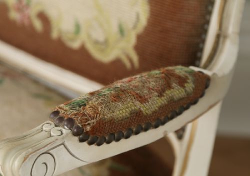 fig 5. French Louis XV Style Painted Gilt Shabby Chic Carved Upholstered Tapestry Sofa Couch Settee (Circa 1910)