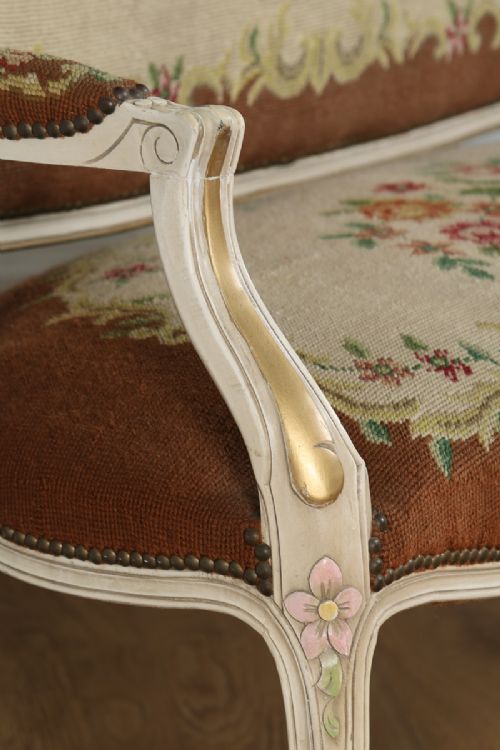 fig 6. French Louis XV Style Painted Gilt Shabby Chic Carved Upholstered Tapestry Sofa Couch Settee (Circa 1910)