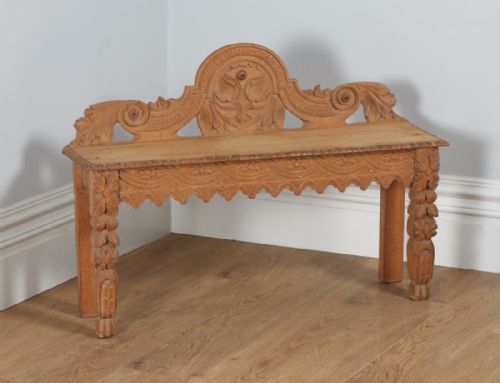 Victorian Gothic Carved Scrub Oak Hall / Window Bench Seat Stool (Circa 1860)