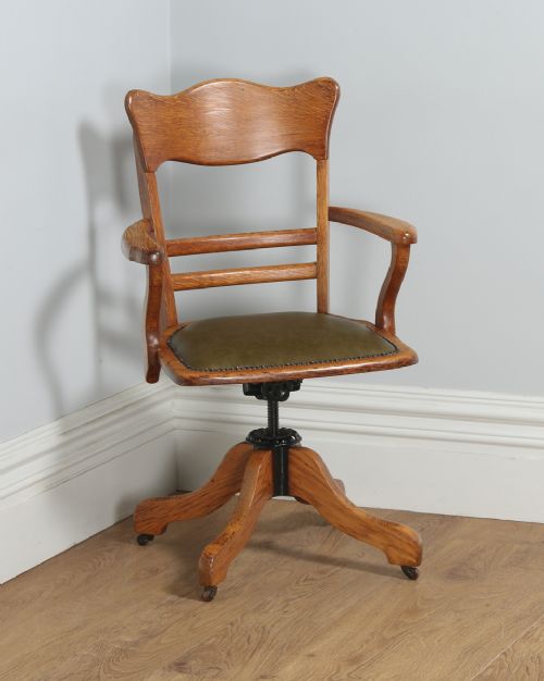 Edwardian Oak & Leather Revolving Office Desk Arm Chair (Circa 1910)
