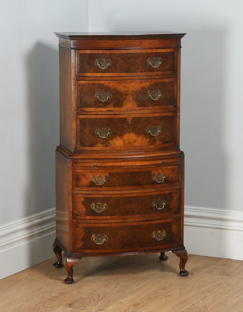 Antique Georgian Style Figured Walnut Bow Front Chest on Chest of Drawers Tallboy (Circa 1920)
