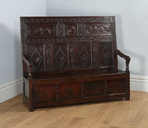 Antique 5ft 8" Welsh Georgian Oak High-back Carved Box Settle (Circa 1780)