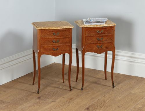 Antique Pair of French Louis XVI Tulipwood & Parquetry Serpentine Bedside Cabinets (Circa 1900)