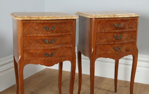 fig 2. Antique Pair of French Louis XVI Tulipwood & Parquetry Serpentine Bedside Cabinets (Circa 1900)