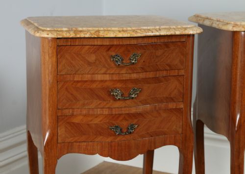 fig 3. Antique Pair of French Louis XVI Tulipwood & Parquetry Serpentine Bedside Cabinets (Circa 1900)
