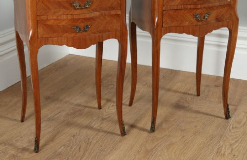fig 6. Antique Pair of French Louis XVI Tulipwood & Parquetry Serpentine Bedside Cabinets (Circa 1900)