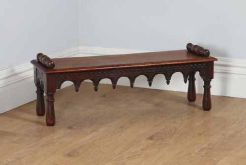 Antique English Victorian Gothic Carved Oak Window Hall Bench Stool (Circa 1860)