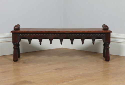 fig 1. Antique English Victorian Gothic Carved Oak Window Hall Bench Stool (Circa 1860)