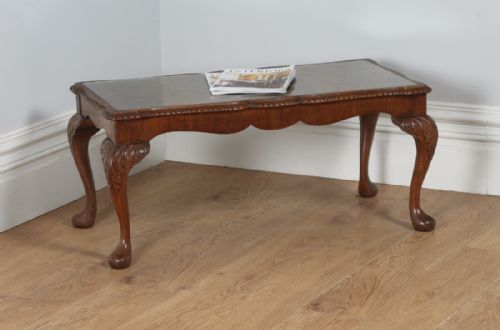Antique Queen Style Carved Burr Walnut & Glass Rectangular Coffee Table (Circa 1920)