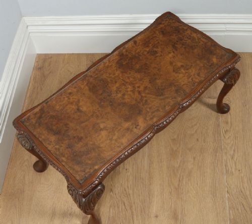 fig 2. Antique Queen Style Carved Burr Walnut & Glass Rectangular Coffee Table (Circa 1920)