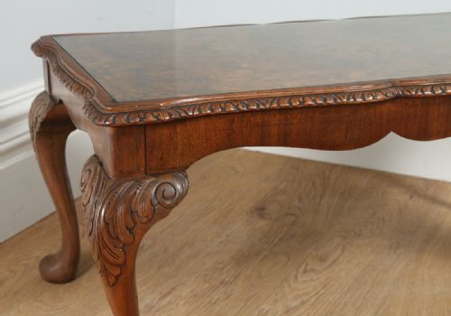 fig 3. Antique Queen Style Carved Burr Walnut & Glass Rectangular Coffee Table (Circa 1920)