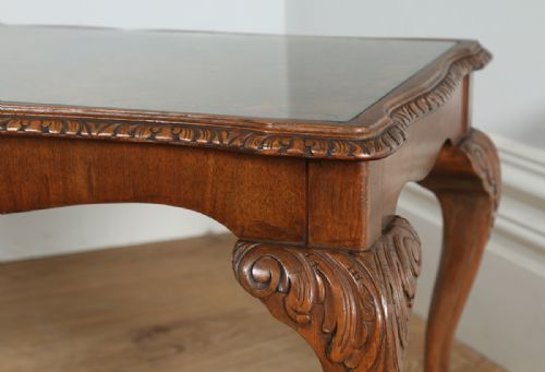 fig 4. Antique Queen Style Carved Burr Walnut & Glass Rectangular Coffee Table (Circa 1920)