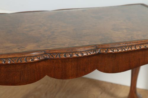 fig 5. Antique Queen Style Carved Burr Walnut & Glass Rectangular Coffee Table (Circa 1920)
