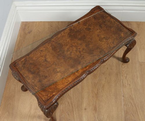 fig 6. Antique Queen Style Carved Burr Walnut & Glass Rectangular Coffee Table (Circa 1920)