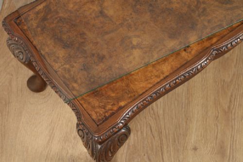fig 7. Antique Queen Style Carved Burr Walnut & Glass Rectangular Coffee Table (Circa 1920)