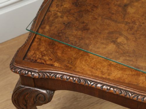 fig 8. Antique Queen Style Carved Burr Walnut & Glass Rectangular Coffee Table (Circa 1920)