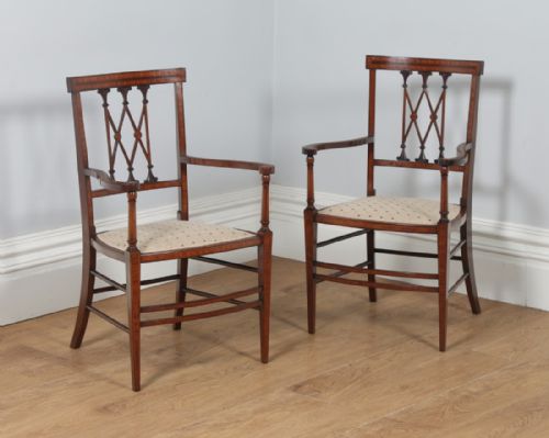 Antique Pair of Edwardian Neoclassical Inlaid Mahogany Salon / Hall Chairs / Armchairs (Circa 1900)