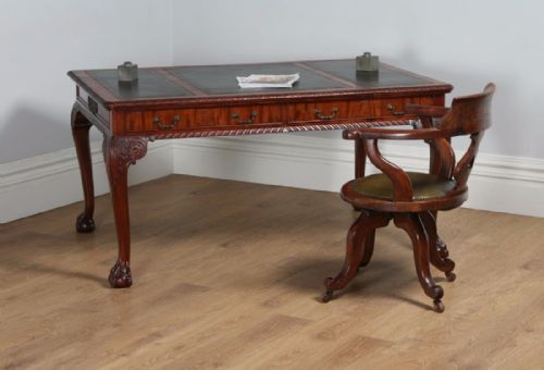 Antique English Georgian Chippendale Style 5ft Mahogany & Leather Partners Library Table Desk (Circa 1880)