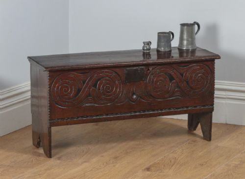 Antique Charles II English West Country Oak Six Plank Boarded Coffer Chest 17th Century (Circa 1660)