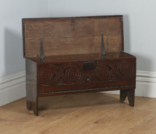 fig 6. Antique Charles II English West Country Oak Six Plank Boarded Coffer Chest 17th Century (Circa 1660)