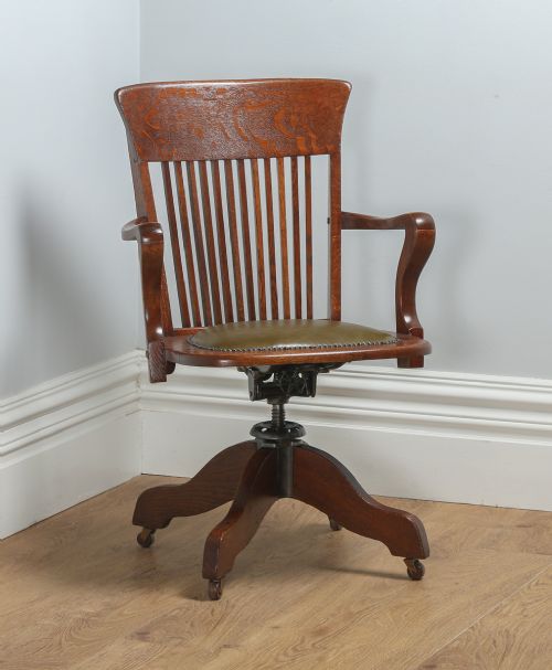 Antique Edwardian Oak & Green Leather Revolving Office Desk Armchair / Chair (Circa 1910)