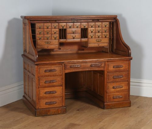 Antique English Victorian Oak Roll Top Pedestal Office Writing Desk (Circa 1890)