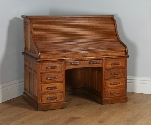 fig 1. Antique English Victorian Oak Roll Top Pedestal Office Writing Desk (Circa 1890)