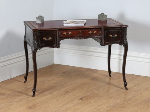 Antique Victorian Rococo Carved Mahogany & Red Leather Writing Desk