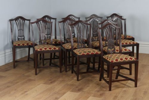 Antique Set of 12 Twelve English Georgian Hepplewhite Style Mahogany Dining Chairs (Circa 1920)