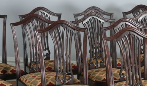 fig 1. Antique Set of 12 Twelve English Georgian Hepplewhite Style Mahogany Dining Chairs (Circa 1920)