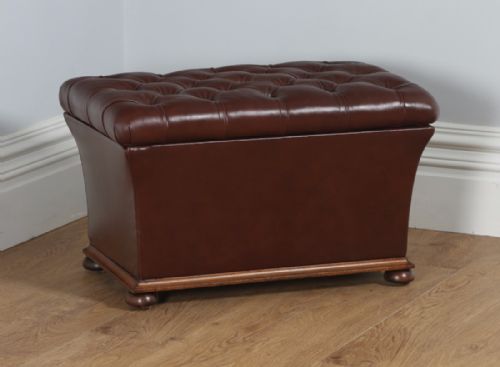 Antique English Victorian Mahogany & Brown Leather Buttoned Ottoman Sool (Circa 1870)
