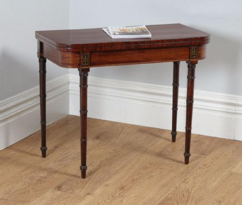 Antique English Georgian Regency Satinwood & Brass Inlaid Plum Pudding Mahogany “D” Shape Card / Games Table (Circa 1810)
