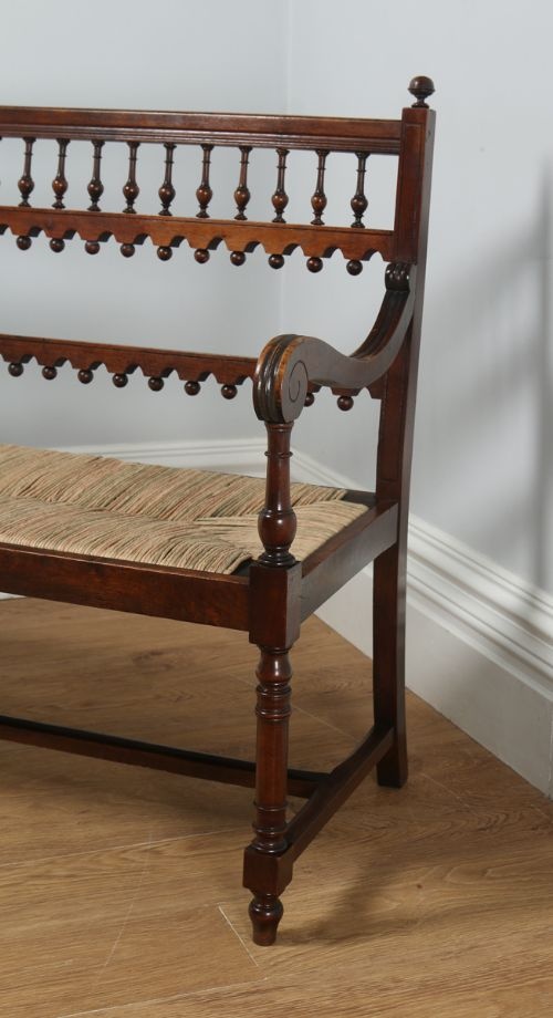 fig 1. Antique French Breton Walnut & Rush Seat Hall Settle Couch (Circa 1880)