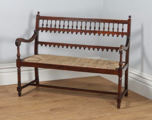 fig 4. Antique French Breton Walnut & Rush Seat Hall Settle Couch (Circa 1880)