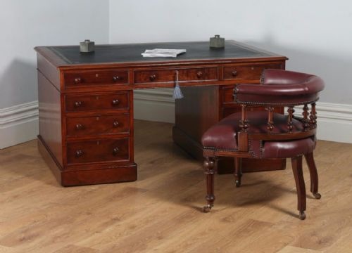 Antique English Victorian Mahogany & Leather Partners Pedestal Office Writing Desk (Circa 1850)