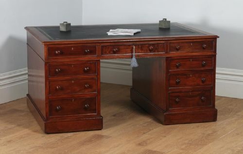 fig 1. Antique English Victorian Mahogany & Leather Partners Pedestal Office Writing Desk (Circa 1850)