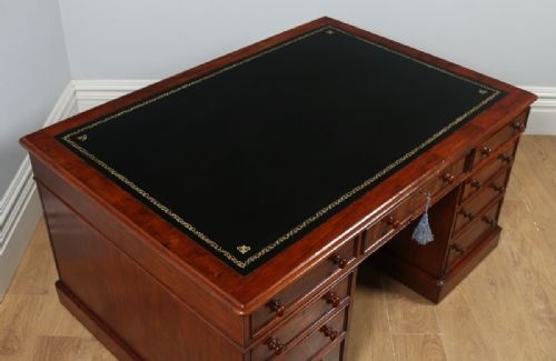 fig 2. Antique English Victorian Mahogany & Leather Partners Pedestal Office Writing Desk (Circa 1850)