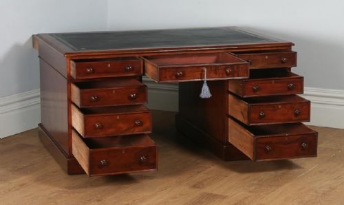 fig 6. Antique English Victorian Mahogany & Leather Partners Pedestal Office Writing Desk (Circa 1850)