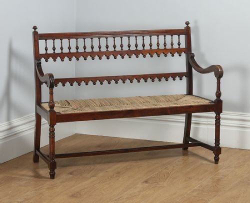 Antique French Breton Walnut & Rush Seat Hall Settle Couch (Circa 1880)
